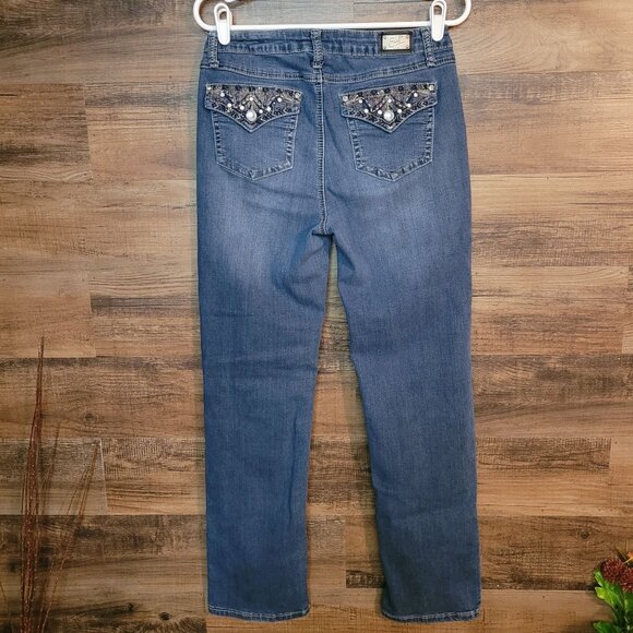 Earl Jeans Womens 10 Straight Leg Embellished Button Flap Mid Rise Medium Wash - Picture 3 of 11